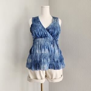 Y2K Cato Blue Polyester Tie Dye Sequin Sleeveless Babydoll Empire Top Women's L